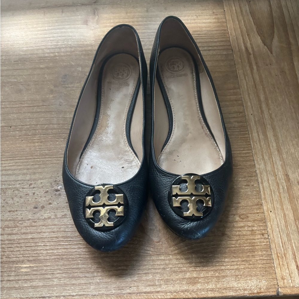 Tory Burch Black Flats with Gold Emblem